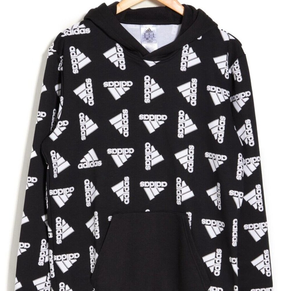 Adidas All Over Print Fleece Hoodie M Black New NWT Sweater Long Sleeves Large